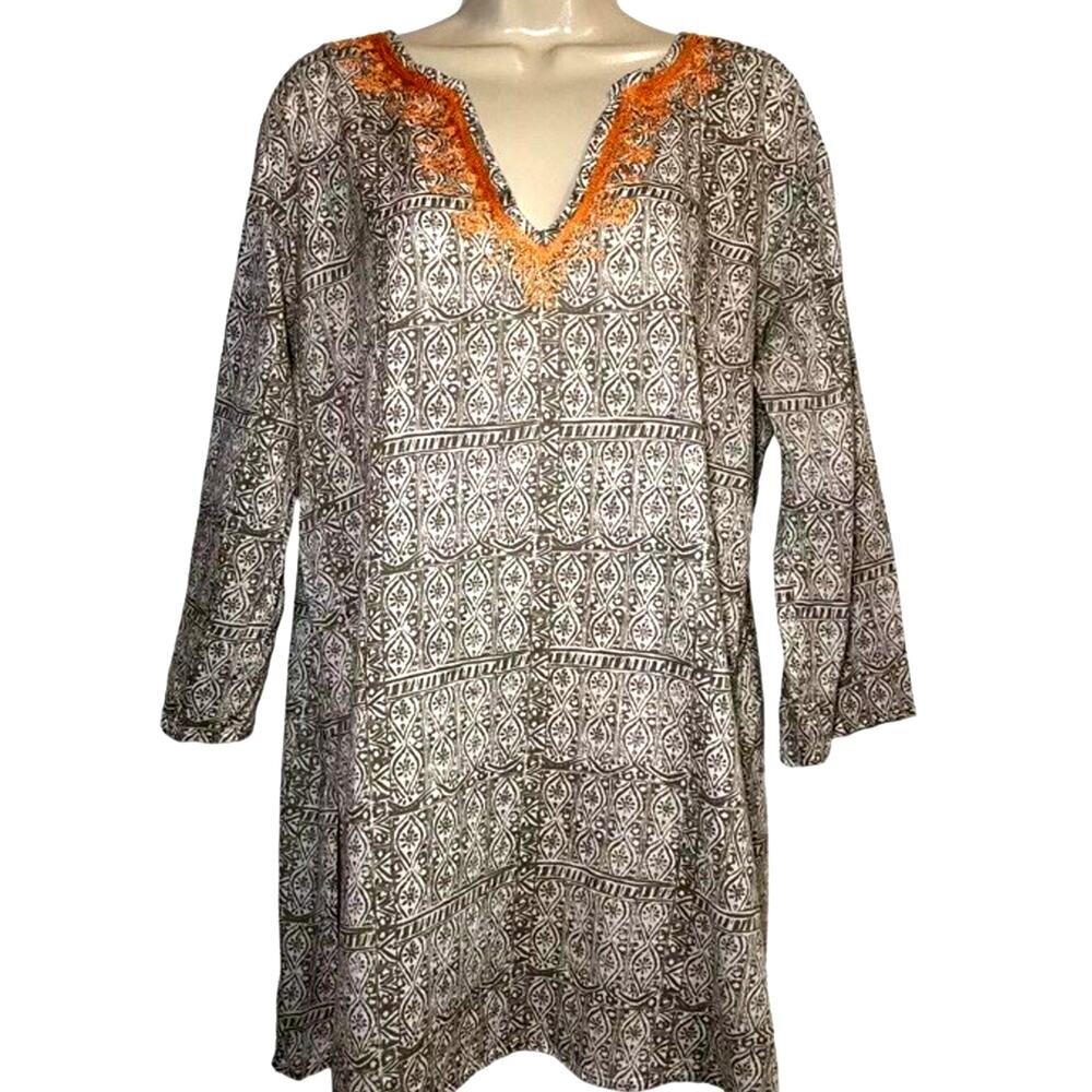 Anthropologie Flower Tunic Hipster Gray Hippie Embroidered Coverup Boho Y2K L